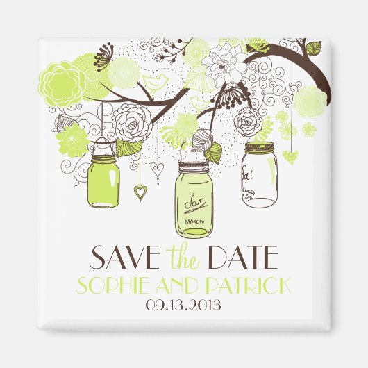 Green Mason Jars & Flowers Save the Date Magnet (Voorkant)