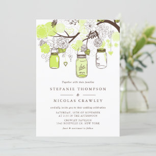 Green Mason Jars & Flowers Wedding Invitation Kaart