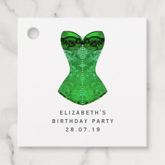 Green Masquerade Corset en Harlequin Pattern Bedankjes Labels (Voorkant)