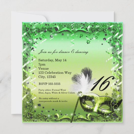 Green Masquerade Mask Elegant Ball Party Kaart (Achterkant)