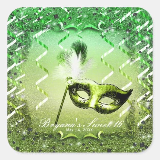 Green Masquerade Mask Elegant Ball Party Vierkante Sticker (Voorkant)