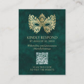 Green Masquerade Mask Quinceanera QR RSVP Informatiekaartje (Voorkant)