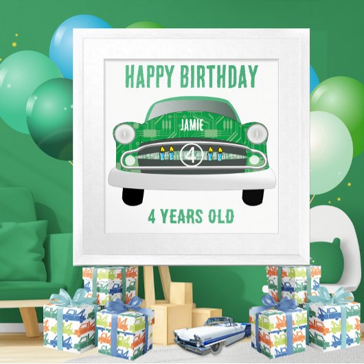 Green Mean Retro Car Boy's Birthday Poster