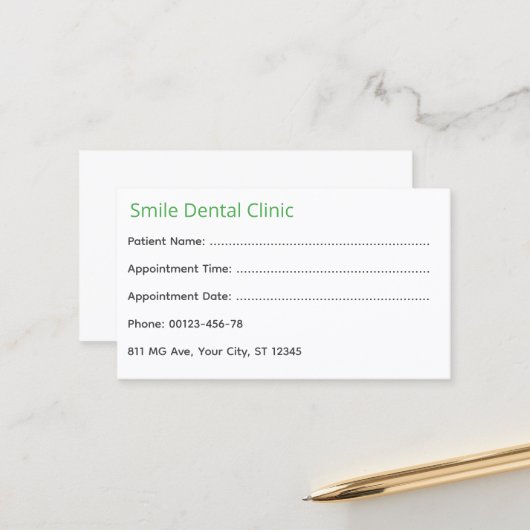 Green Medical Dental Appointment Card Afsprakenkaartje (Voorkant / Achterkant in situ)