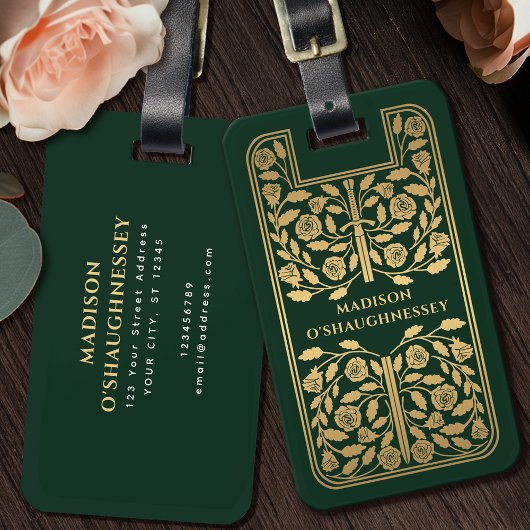 Green Medieval Fantasy Gold Zwaard Naam Bagagelabel