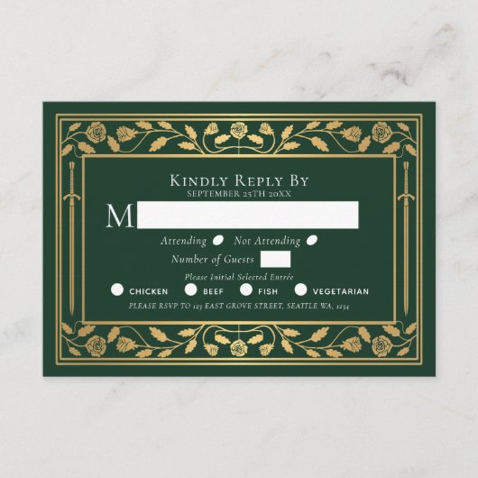 Green Medieval Sword Wedding RSVP Enclosure Kaart (Voorkant)
