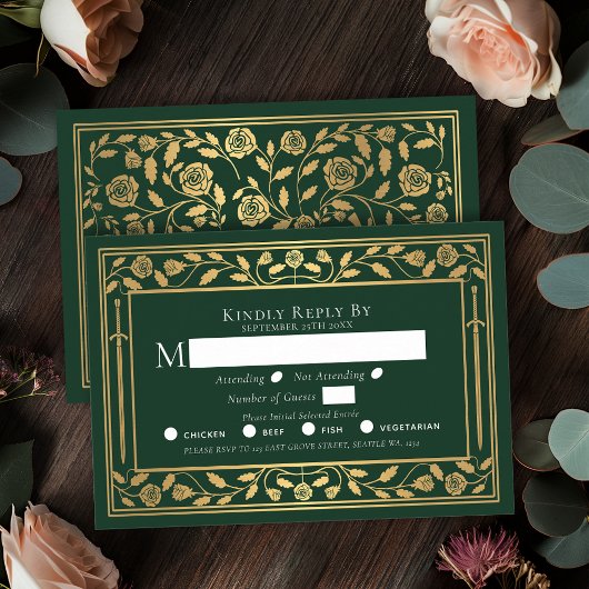 Green Medieval Sword Wedding RSVP Enclosure Kaart