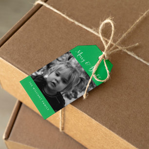 Green "Merry and Bright" Photo Kerstmis Cadeaulabel