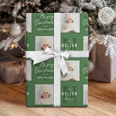 Green Merry Christmas Calligraphy Family 2 photo Cadeaupapier
