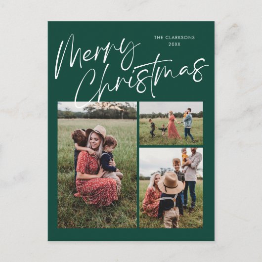 Green Merry Christmas Kalligrafie Script 3 Foto Feestdagenkaart (Voorkant)
