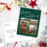 Green Merry Christmas Kalligrafie Script 3 Foto Feestdagenkaart<br><div class="desc">Green Merry Christmas Calligraphy Script 3 Photo Holiday Briefkaart heeft een modern kalligrafisch script op de voorkant,  samen met drie foto's en uw familiebericht op de achterkant.</div>