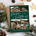 Green Merry Christmas Kalligrafie Script 5 Foto Feestdagenkaart<br><div class="desc">Green Merry Christmas Calligraphy Script 5 Photo Holiday Kaart heeft een kalligrafisch script op de voorkant,  samen met drie foto's en een feestelijke kerstplaid op de achterkant.</div>