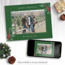 Green Merry kerst Holly Photo Holiday Card