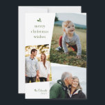 Green Merry-kerstwens drie fotokaarten Feestdagenkaart<br><div class="desc">Deze klassieke,  groene en witte kerstkaart krijgt de moderne behandeling met een eenvoudige en feestelijke holly en drie van uw favoriete foto's in een chic,  overlappende lay-out. Voeg tekst of meer foto's aan de vrolijke rode backer voor een volledig douanebericht van cheer toe.</div>