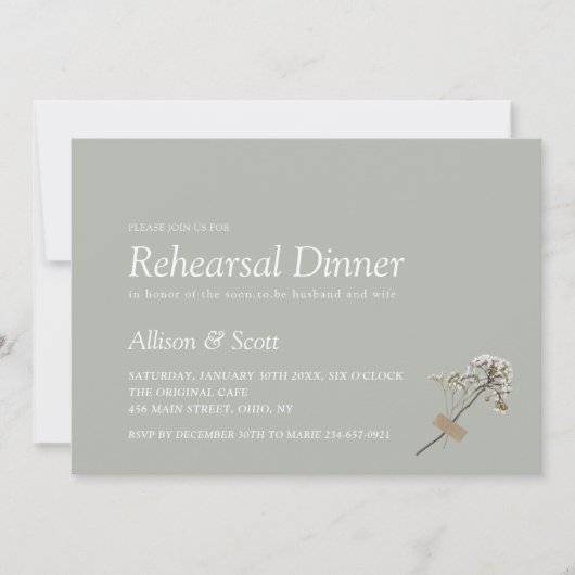 Green Minimal Hand Press Floral Rehearsal Dinner I Kaart (Voorkant)