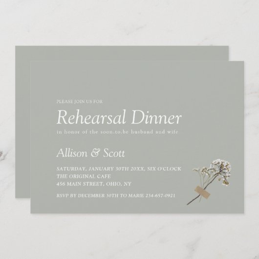 Green Minimal Hand Press Floral Rehearsal Dinner I Kaart (Voorkant / Achterkant)