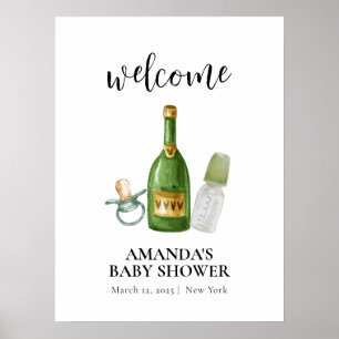 Green Minimal Poppin Champagne Baby shower Welkom Poster