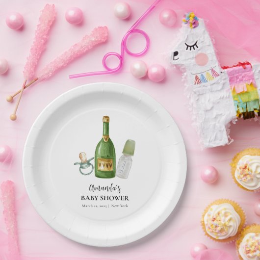 Green Minimal Poppin Champagne Bottles Baby shower Papieren Bordje (Feest)