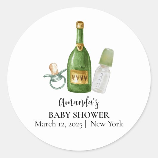 Green Minimal Poppin Champagne Bottles Baby shower Ronde Sticker (Voorkant)