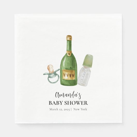 Green Minimal Poppin Champagne Bottles Baby shower Servet (Voorkant)