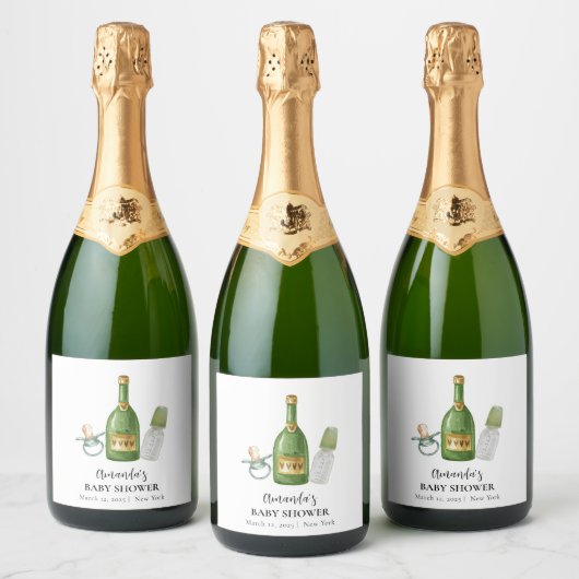 Green Minimal Poppin Champagne Bottles Baby shower Sparkling Wijnetiket (Flessen)