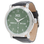 Green minimal simple Monogram Couple names Horloge (Gekanteld)
