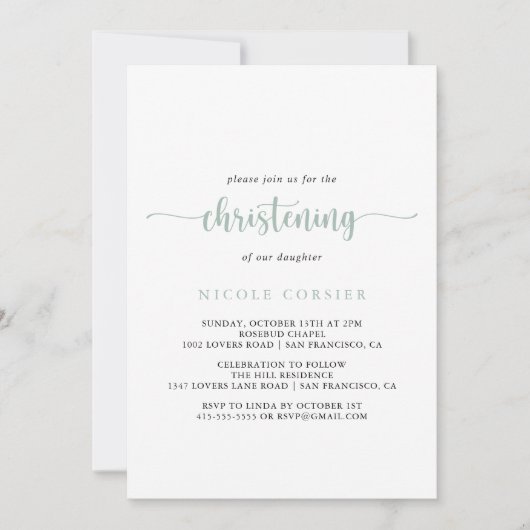 Green Minimalist Calligraphy Christening Kaart (Voorkant)