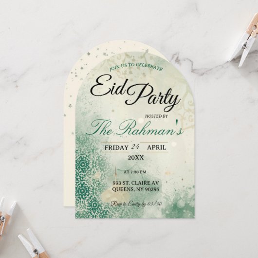 Green Minimalist elegant Eid Party Invitation Card Kaart (Voorkant / Achterkant in situ)