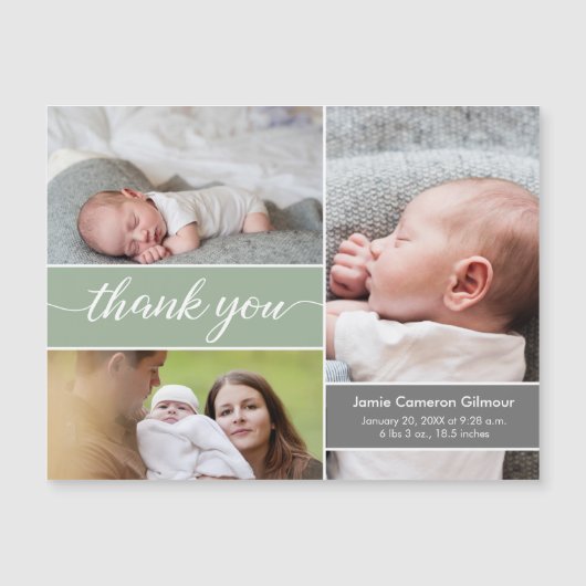 Green Minimalist Newborn foto's Naam Baby shower Magnetische Uitnodiging (Voorkant)