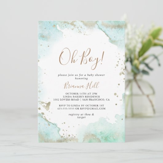 Green Minimalist Oh Boy Baby shower Invitation Kaart (Staand voorkant)