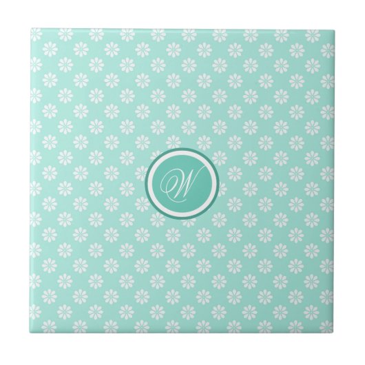 Green Mint Daisies Monogrammed Tegeltje (Voorkant)