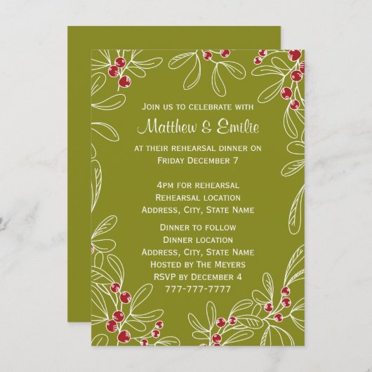 Green Mistletoe Holiday Rehearsal Dinner Kaart (Voorkant / Achterkant)
