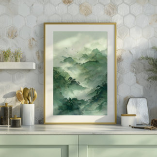 Green Misty Mountain Landscape Art Canvas Afdruk
