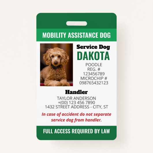 Green Mobility Assistance Dog Logo QR Foto-ID Badge (Voorkant)