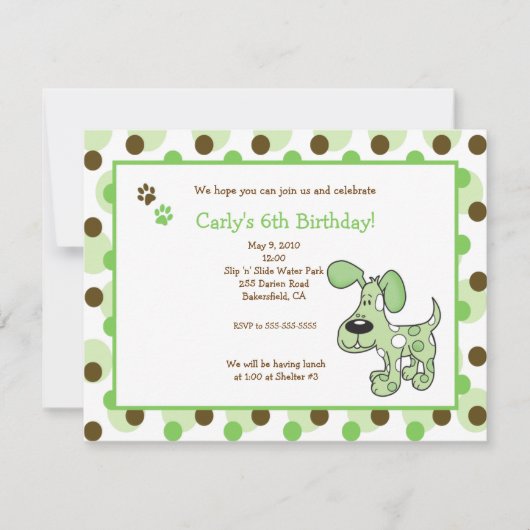 GREEN MOD PUPPY Boy or Girl Birthday Invitations Kaart (Voorkant)