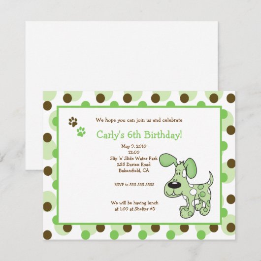 GREEN MOD PUPPY Boy or Girl Birthday Invitations Kaart (Voorkant / Achterkant)