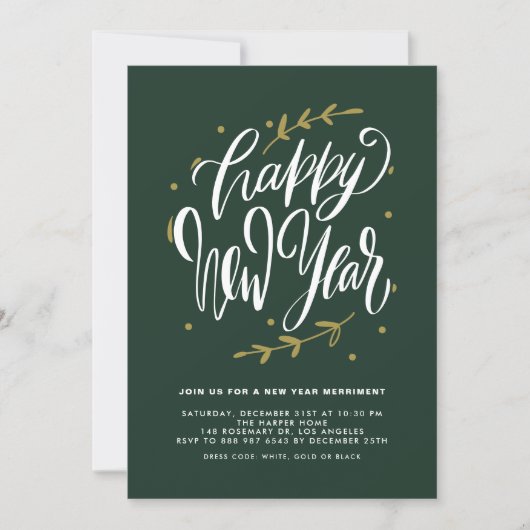 Green Modern Calligraphy and Wreath New Year Party Kaart (Voorkant)