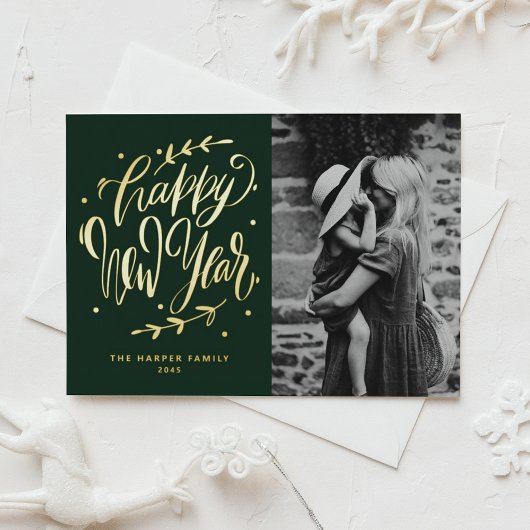 Green Modern Calligraphy and Wreath New Year Photo Folie Feestdagen Briefkaart