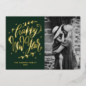 Green Modern Calligraphy and Wreath New Year Photo Folie Feestdagenkaart (Voorkant)