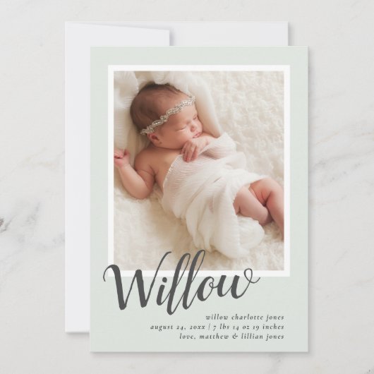 Green Modern Calligraphy Newborn Birth Aankondiging (Voorkant)