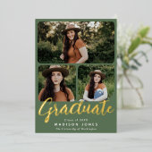 Green Modern Script 4 foto's Afstudeerfeest Folie Uitnodiging (Staand Voorkant)