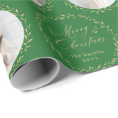 Green Modern Script Merry Christmas Family 6 photo Cadeaupapier (Rol Hoek)