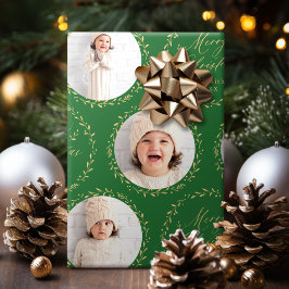 Green Modern Script Merry Christmas Family 6 photo Cadeaupapier