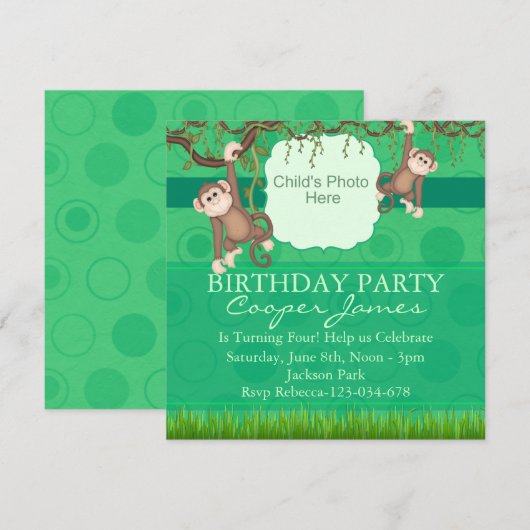 Green Monkey Fun Foto Verjaardag Uitnodigen Kaart (Voorkant / Achterkant)