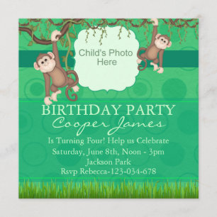 Green Monkey Fun Photo Birthday Invite Kaart