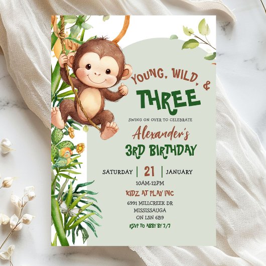 Green Monkey Young Wild Three Third Birthday Kaart