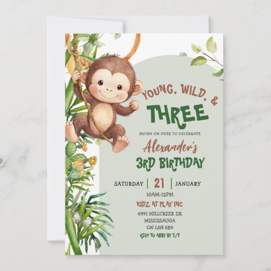 Green Monkey Young Wild Three Third Birthday Kaart (Voorkant)