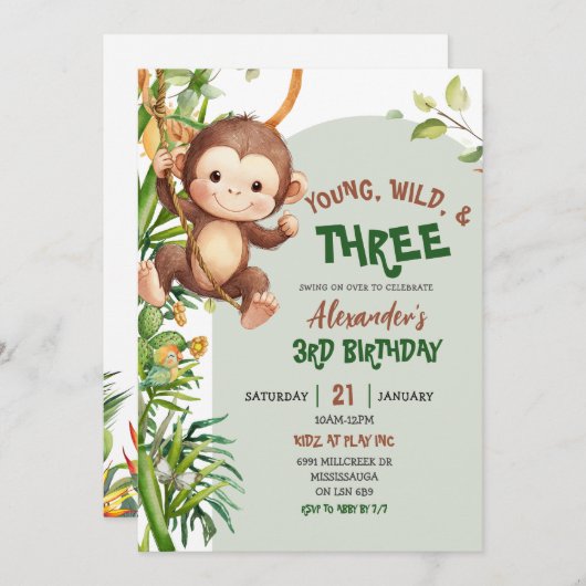Green Monkey Young Wild Three Third Birthday Kaart (Voorkant / Achterkant)