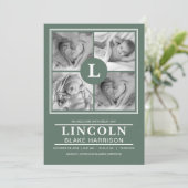 Green Monogram Baby Boy Birth Announding Kaart (Staand voorkant)