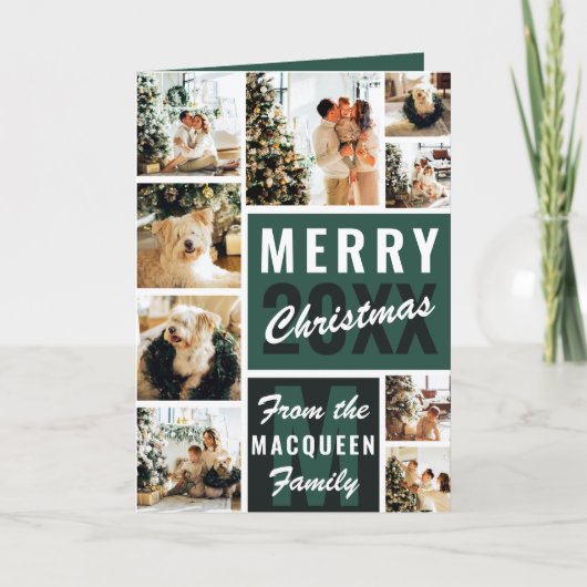 Green Monogram Family Foto Collage Kerstmis Kaart (Voorkant)